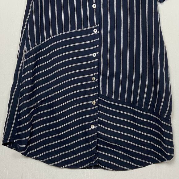 J. Jill Love Linen Navy Blue Striped Shift Dress Pockets Button Front Size Small - Picture 4 of 12